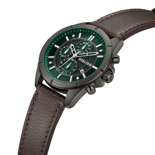 Police Chronograph Green Dial Brown Color Leather Strap Watch For Men NTPLPEWGC0054002