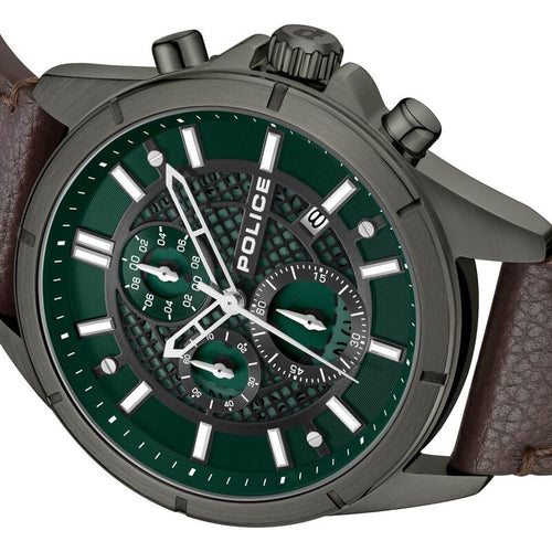 Police Chronograph Green Dial Brown Color Leather Strap Watch For Men NTPLPEWGC0054002