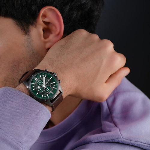 Police Chronograph Green Dial Brown Color Leather Strap Watch For Men NTPLPEWGC0054002