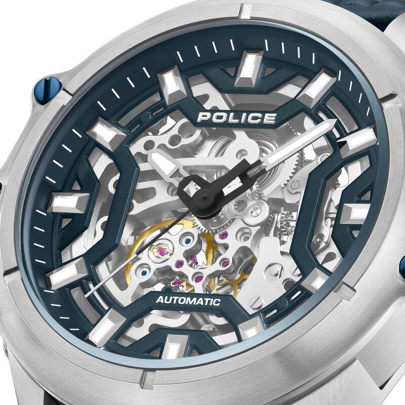 Police Automatic With Self Winding Blue Dial Blue Color Leather Strap Watch For Men