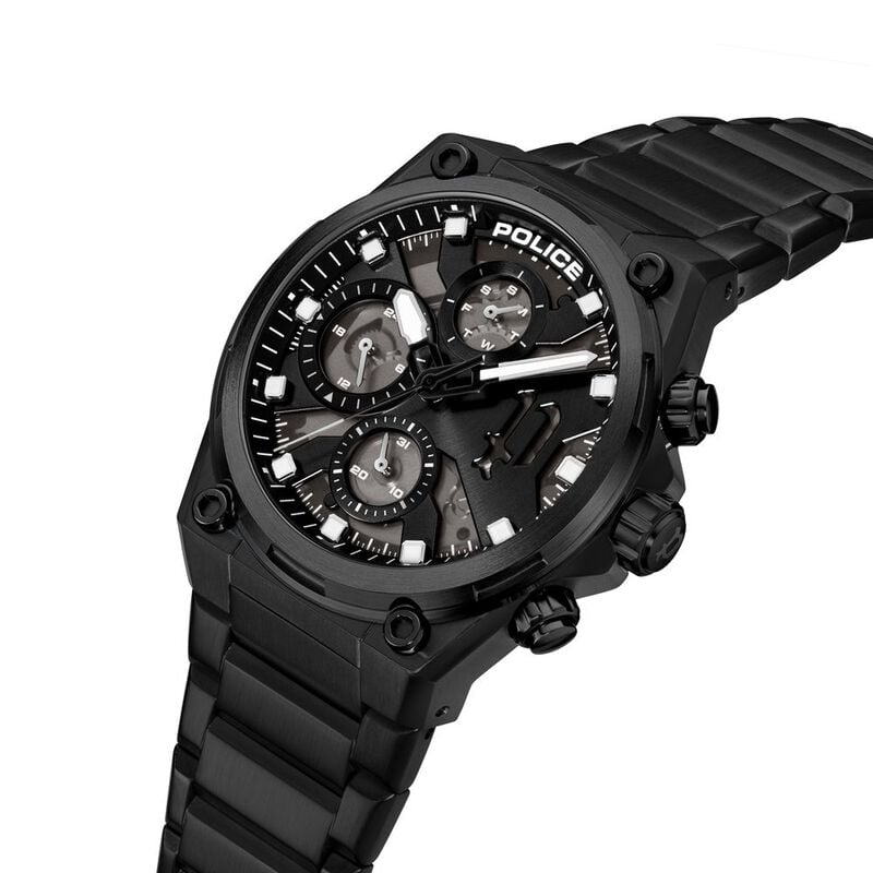 Police Multifunction Black Dial Black Stainless Steel Strap Watch For Men