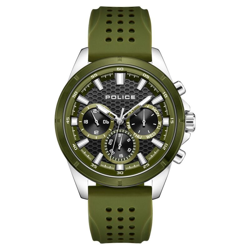 Police Quartz Multifunction Black Dial Green Colour Silicone Strap Watch For Men