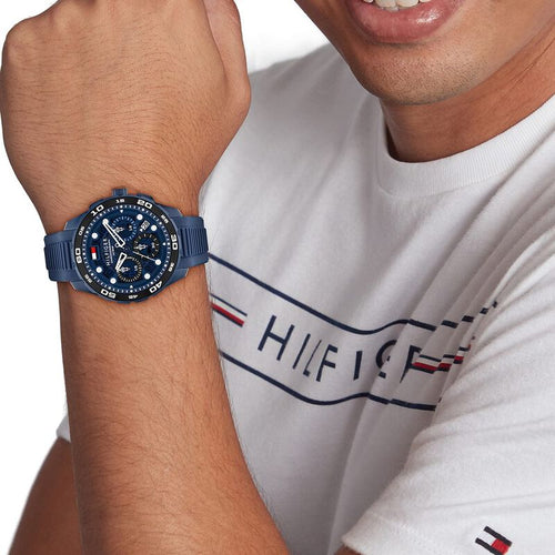 Tommy Hilfiger Quartz Chronograph Blue Dial Blue Silicone Strap Watch For Men