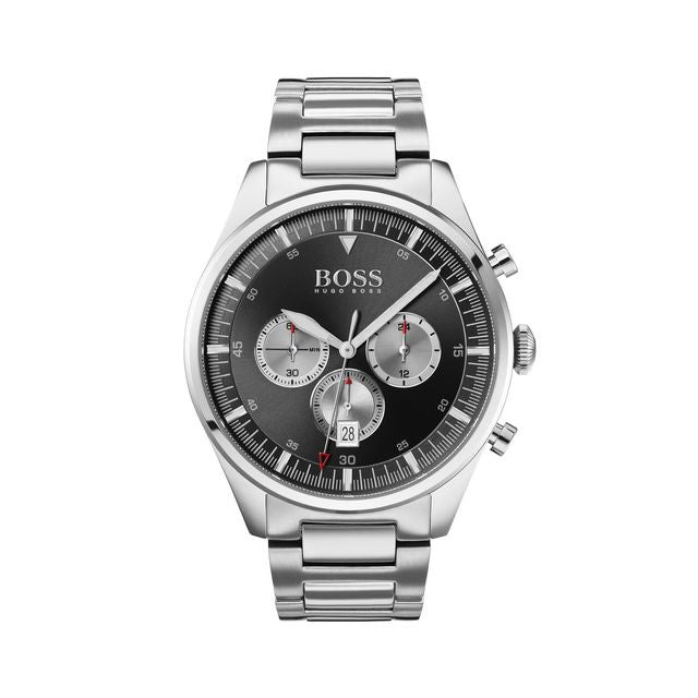 Boss Pioneer Qtz Fashion Chrono Black Round Dial Men's Watch | Stainless Steel Material | Silver Color Band - 1513712