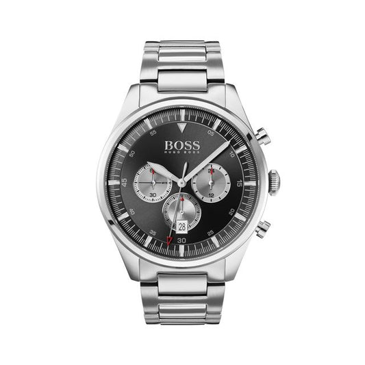 Boss Pioneer Qtz Fashion Chrono Black Round Dail Men's Watch | Stainless Steel Material | Silver Color Band - 1513712