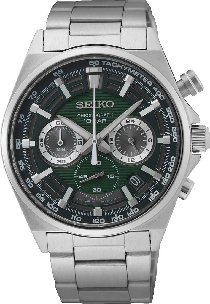 Seiko Dress Men Quartz Green Dial Chronograph Stainless Steel Watch SSB405P1