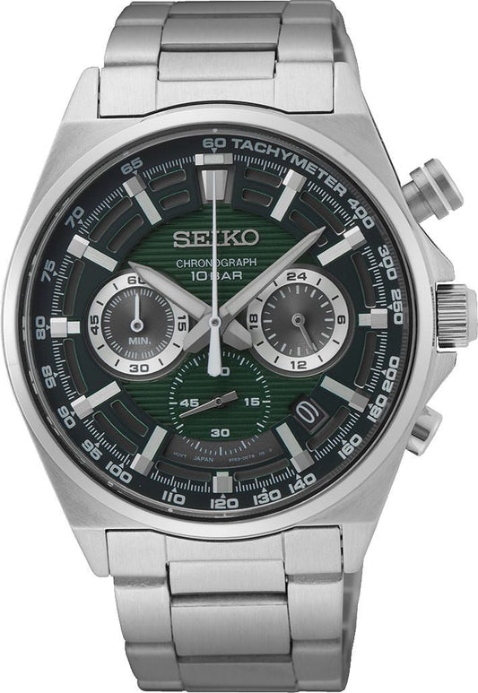 Seiko Dress Men Quartz Green Dial Chronograph Stainless Steel Watch SSB405P1