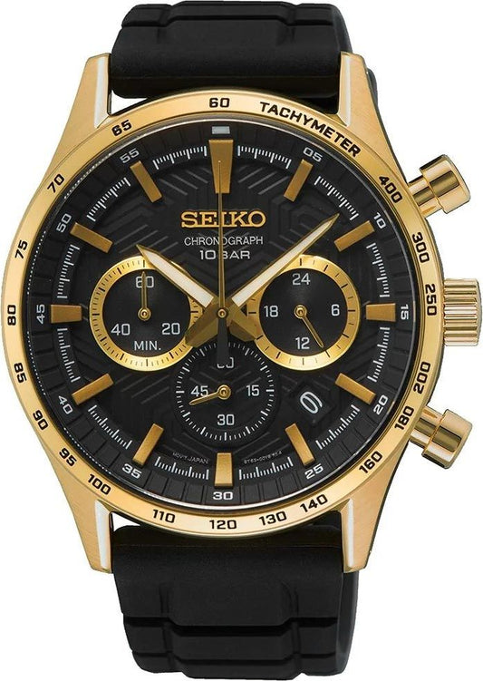 Seiko Dress Men Quartz Black Dial Chronograph Silicone Watch SSB446P1